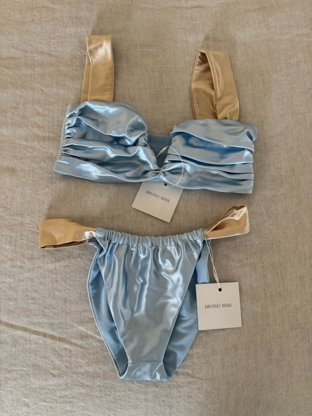 Divino Seas Light Blue & Gold Satin Bikini